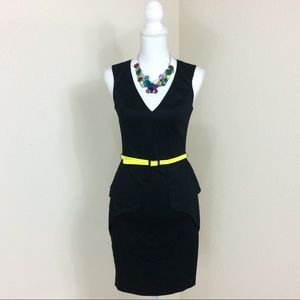 🔸VINCE CAMUTO Black Peplum Dress w/Yellow Belt
